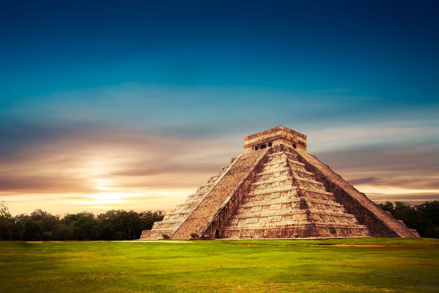 Maya pyramid at sunset