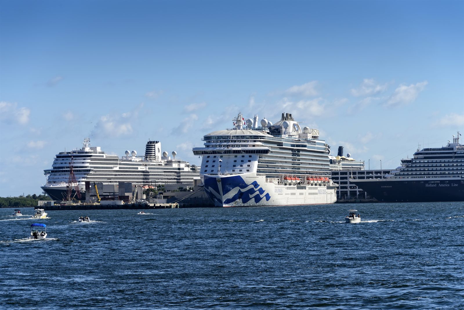 Several cruise ships docked side by side at a busy port